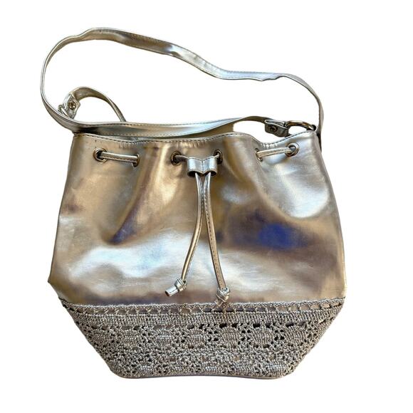 Moda Attiva Metallic Silver Hobo Drawstring Crossbody Bag Purse - Picture 1 of 10